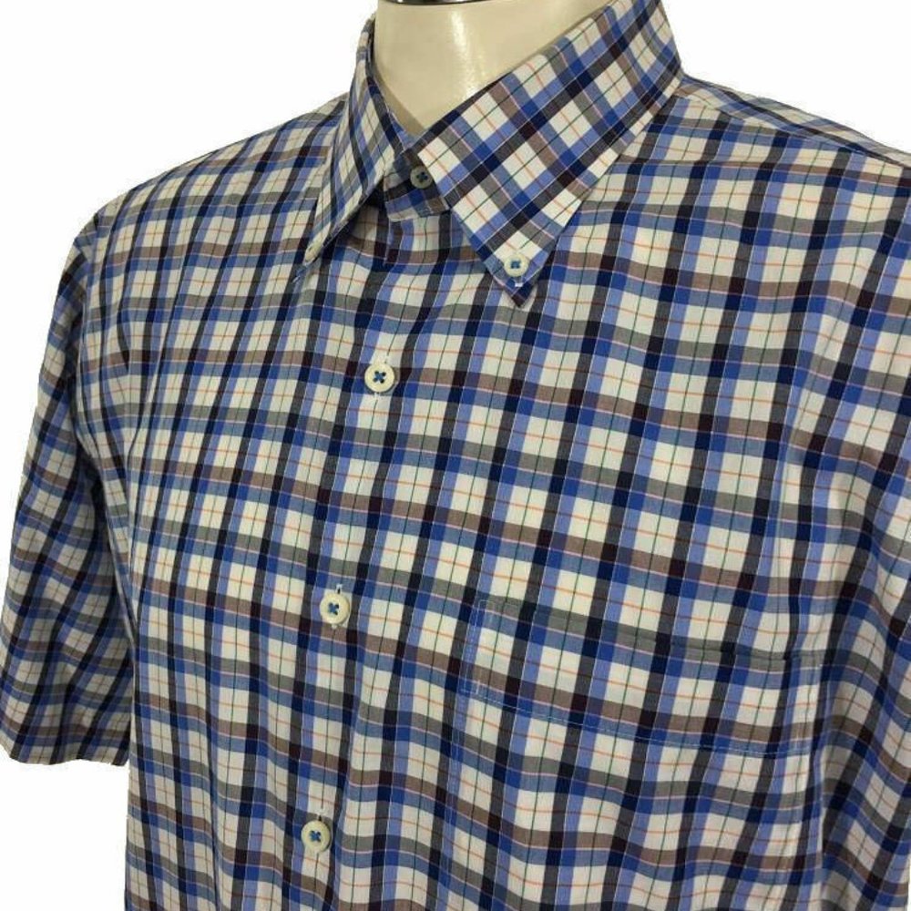 Peter Millar Button Shirt L Blue White Orange Plaid Short‎ Sleeve Golf Mens - Picture 3 of 4
